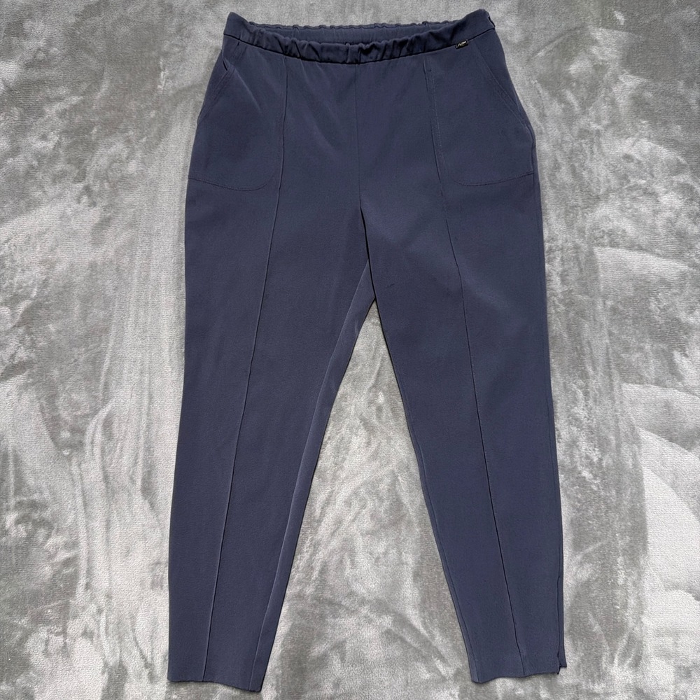 St. John Tapered Leg Ankle Pants Womens 10 Blue Elastic Waist Side Zip Hem Slit‎